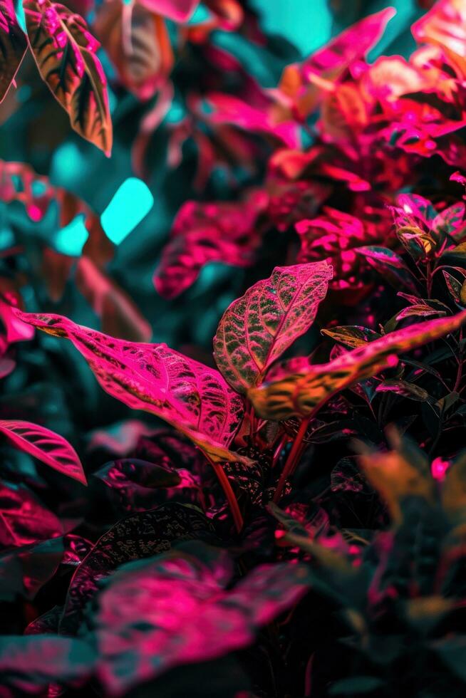 ai gerado néon verde plantas com uma néon luz foto