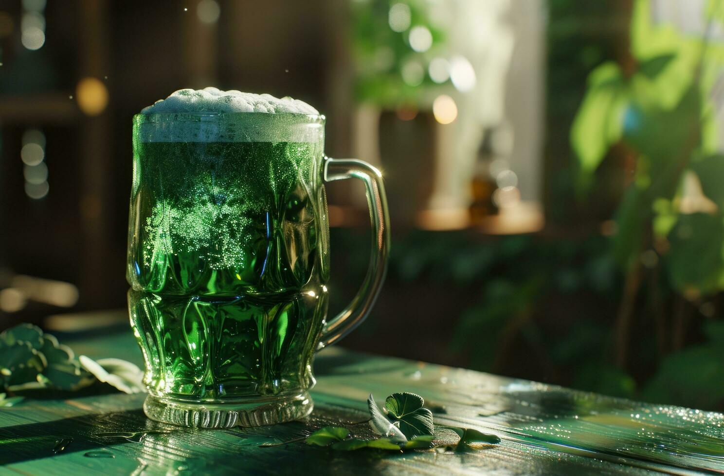 ai gerado st patrick's dia, verde Cerveja em a mesa foto