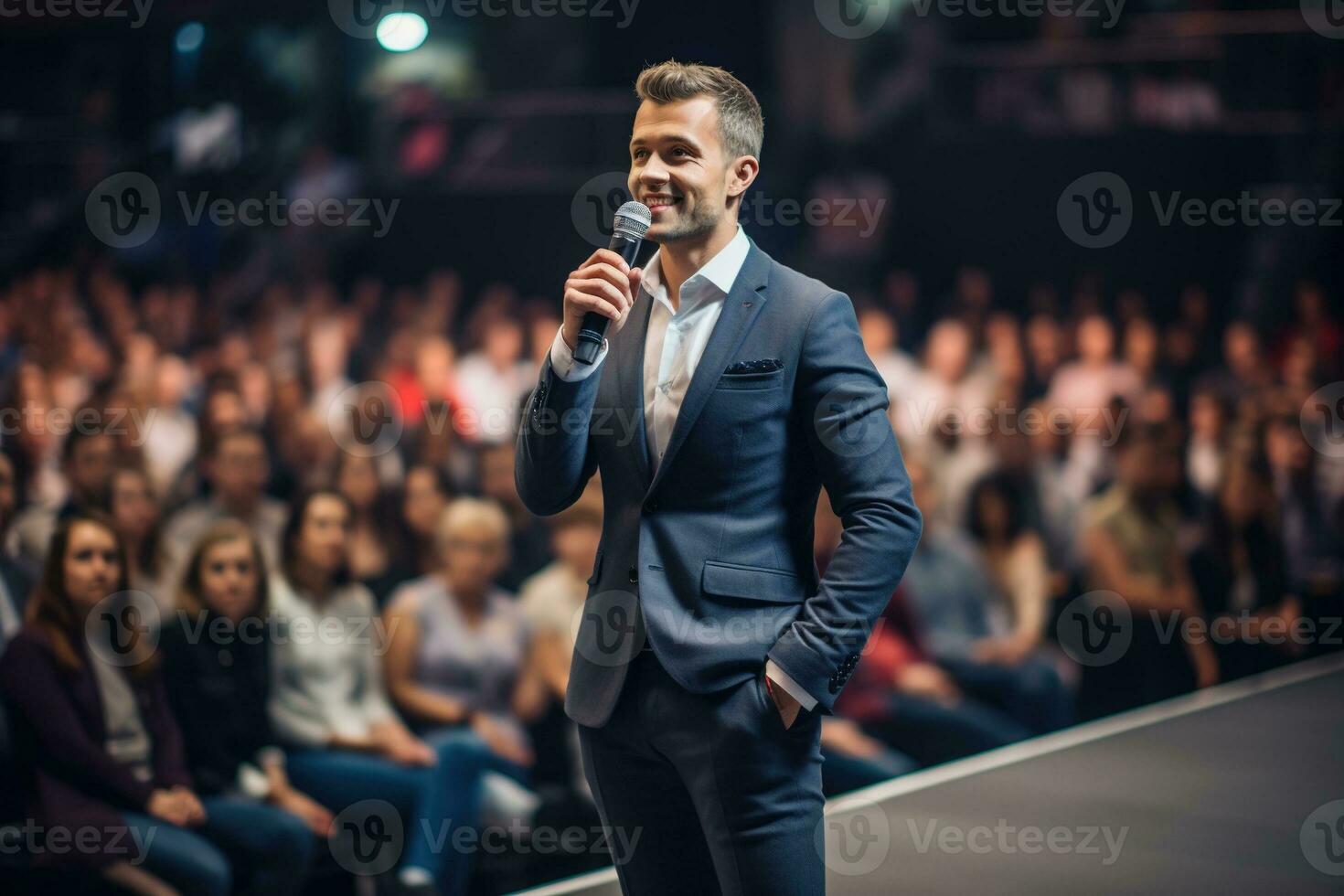 ai gerado alto falante dando uma conversa às o negócio conferência. público às a conferência corredor. o negócio e empreendedorismo. foto