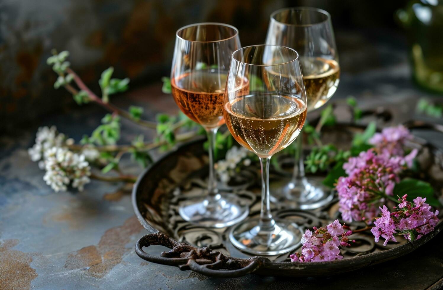 ai gerado três francês branco vinho óculos com dois forjado ferro florões em a Antiguidade lata bandeja foto