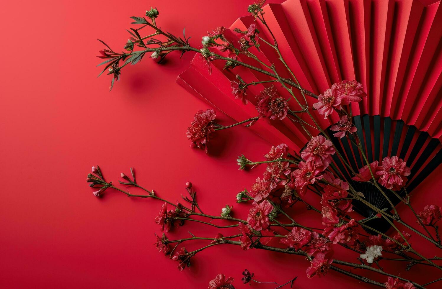 ai gerado a papel ventilador com flores em vermelho fundo foto