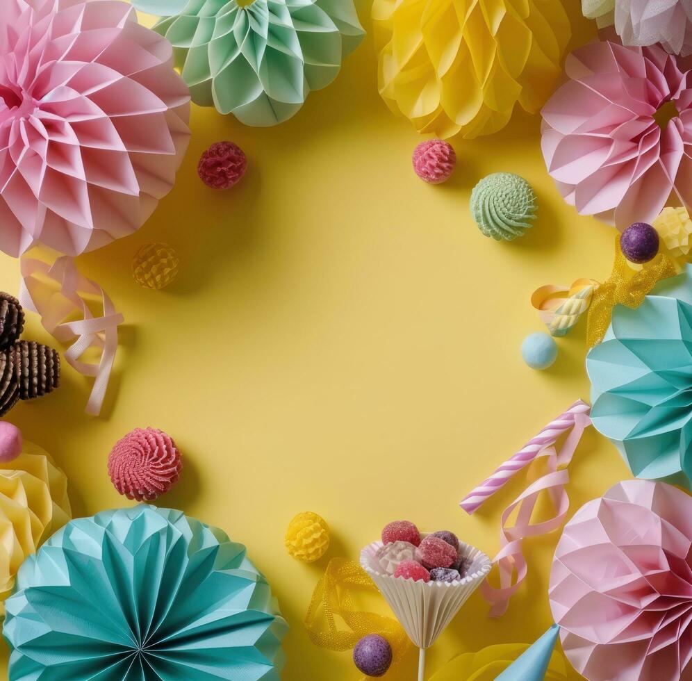 ai gerado de várias balões e doces estão arranjado dentro uma círculo em uma amarelo fundo foto