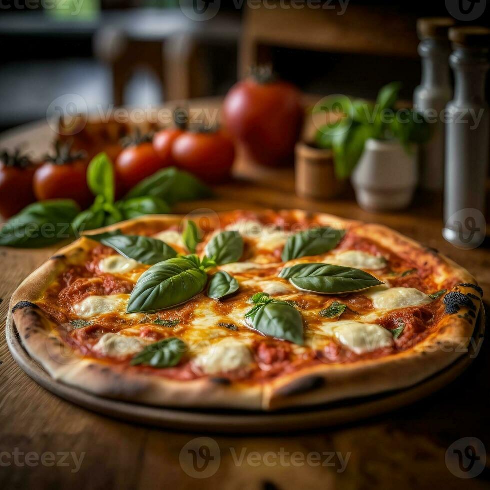 ai gerado fresco cozimento caseiro pizza presunto, queijo, tomates, manjericão em cozimento papel sobre de madeira mesa fundo. casa cozimento ou entregue velozes Comida. plano deitar, espaço. generativo ai. foto