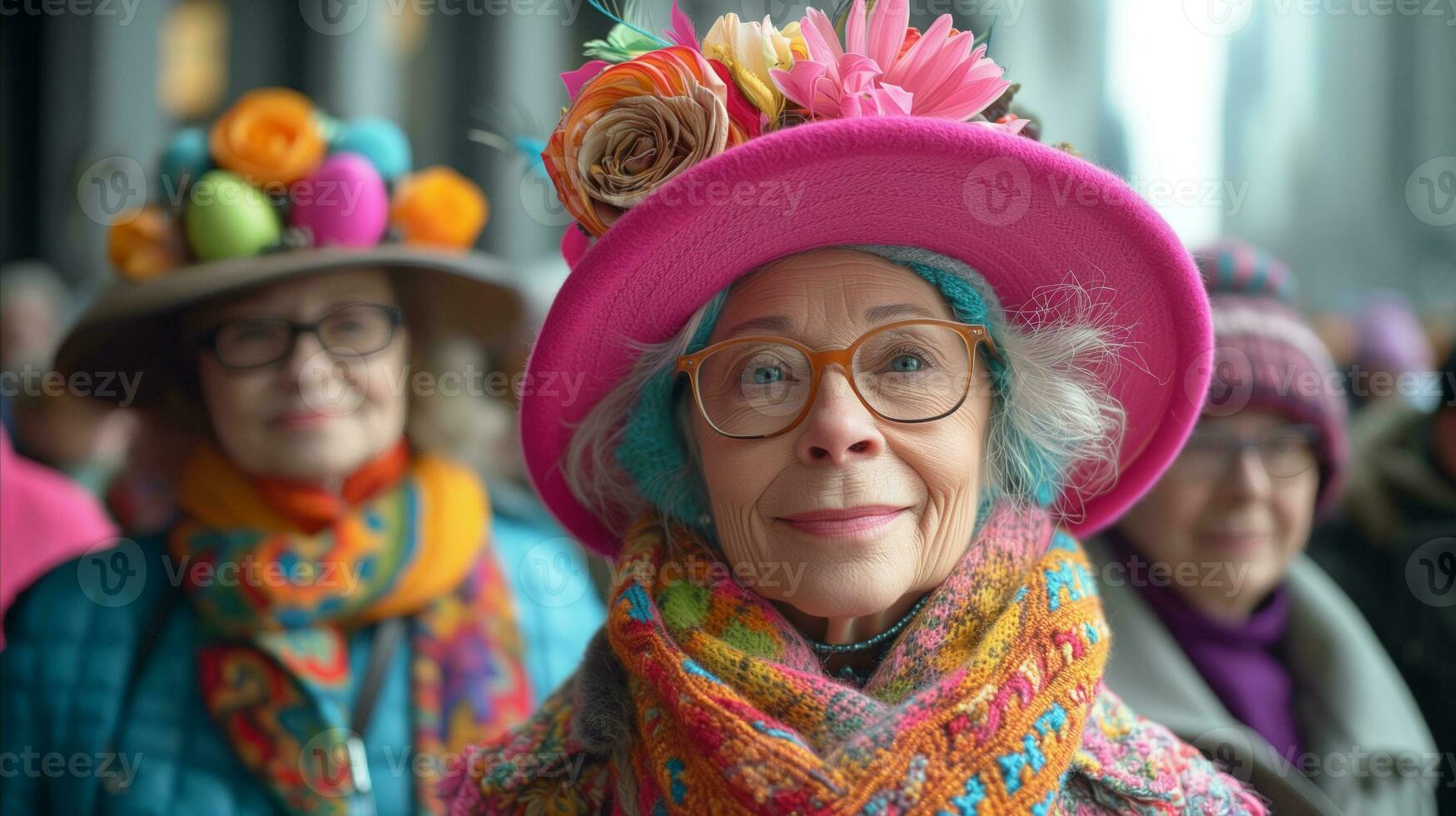 ai gerado alegre Senior mulheres vestindo colorida chapéus e lenços às uma social encontro foto