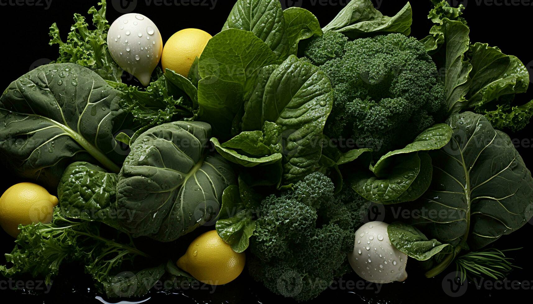 ai gerado fresco, saudável salada uma colorida, vegetariano festa em Preto fundo gerado de ai foto