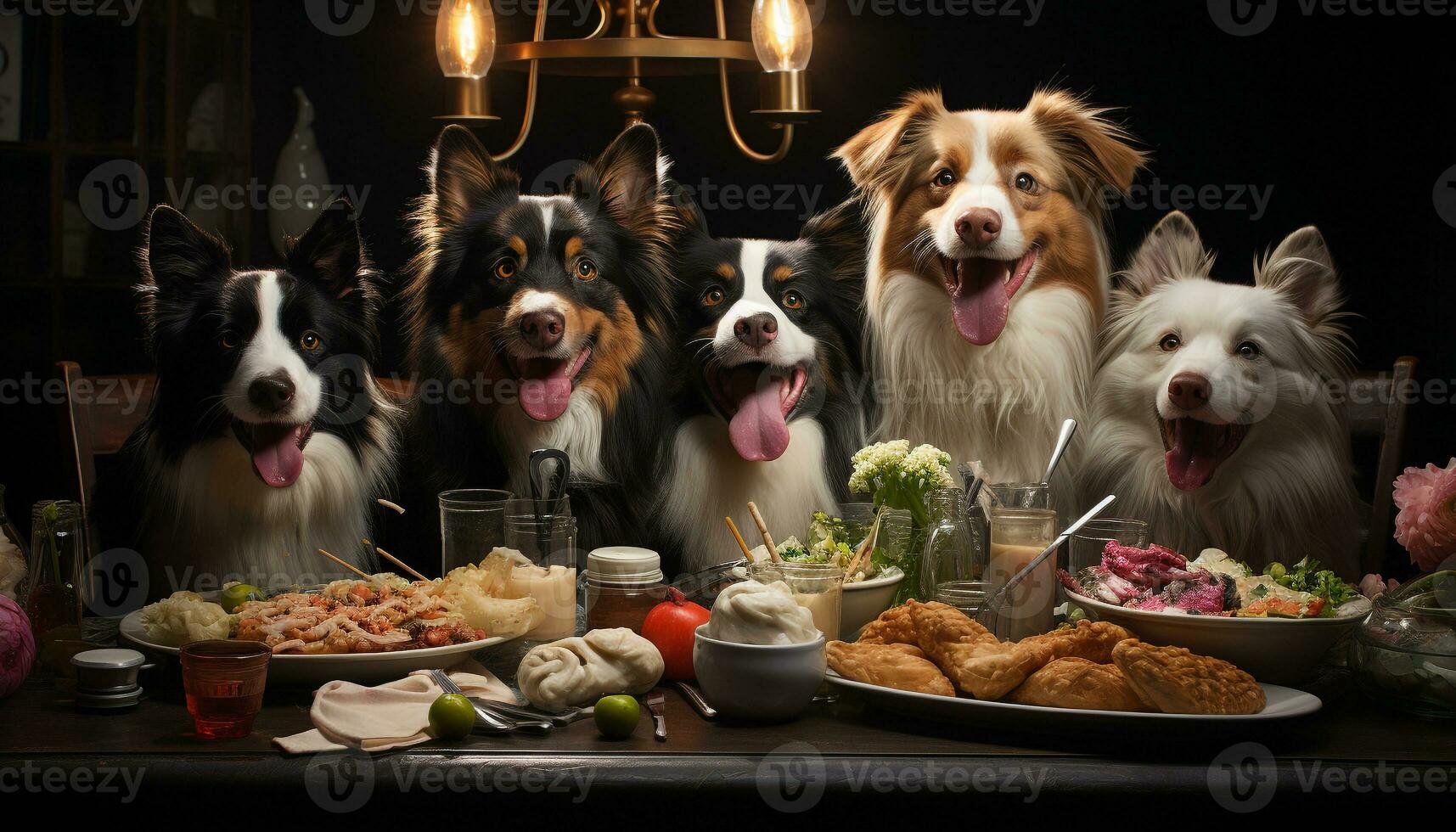 ai gerado fofa cachorro sentado às mesa, desfrutando uma delicioso refeição dentro de casa gerado de ai foto