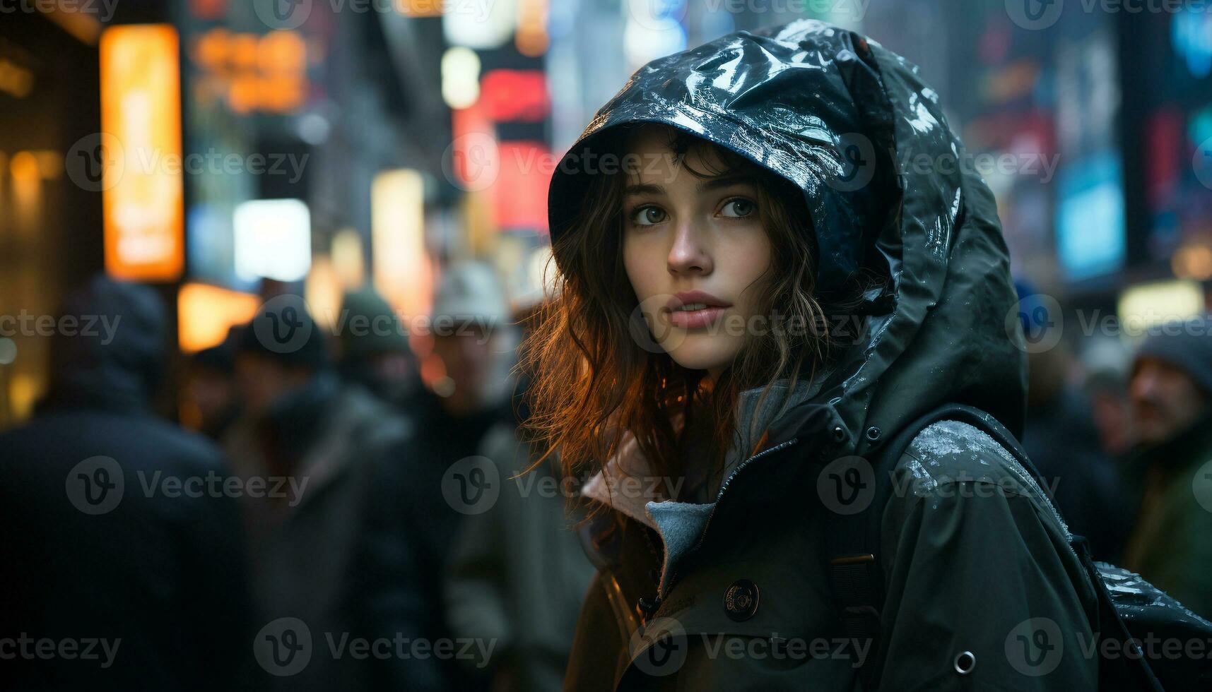 ai gerado jovem mulher caminhando dentro a chuva, cidade luzes refletindo em molhado ruas gerado de ai foto