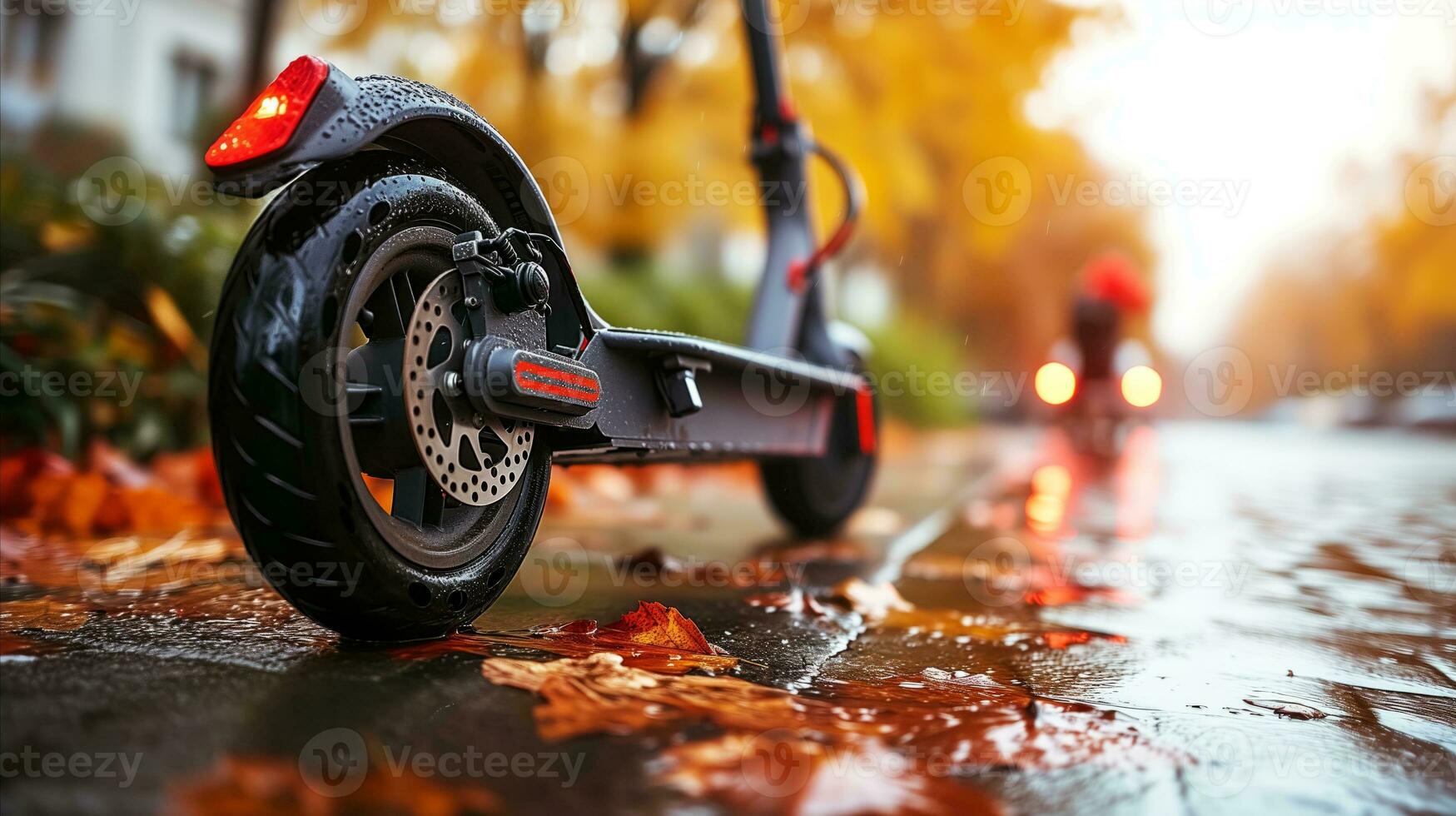 ai gerado elétrico lambreta em chuvoso rua com outono folhas e ciclista dentro fundo foto