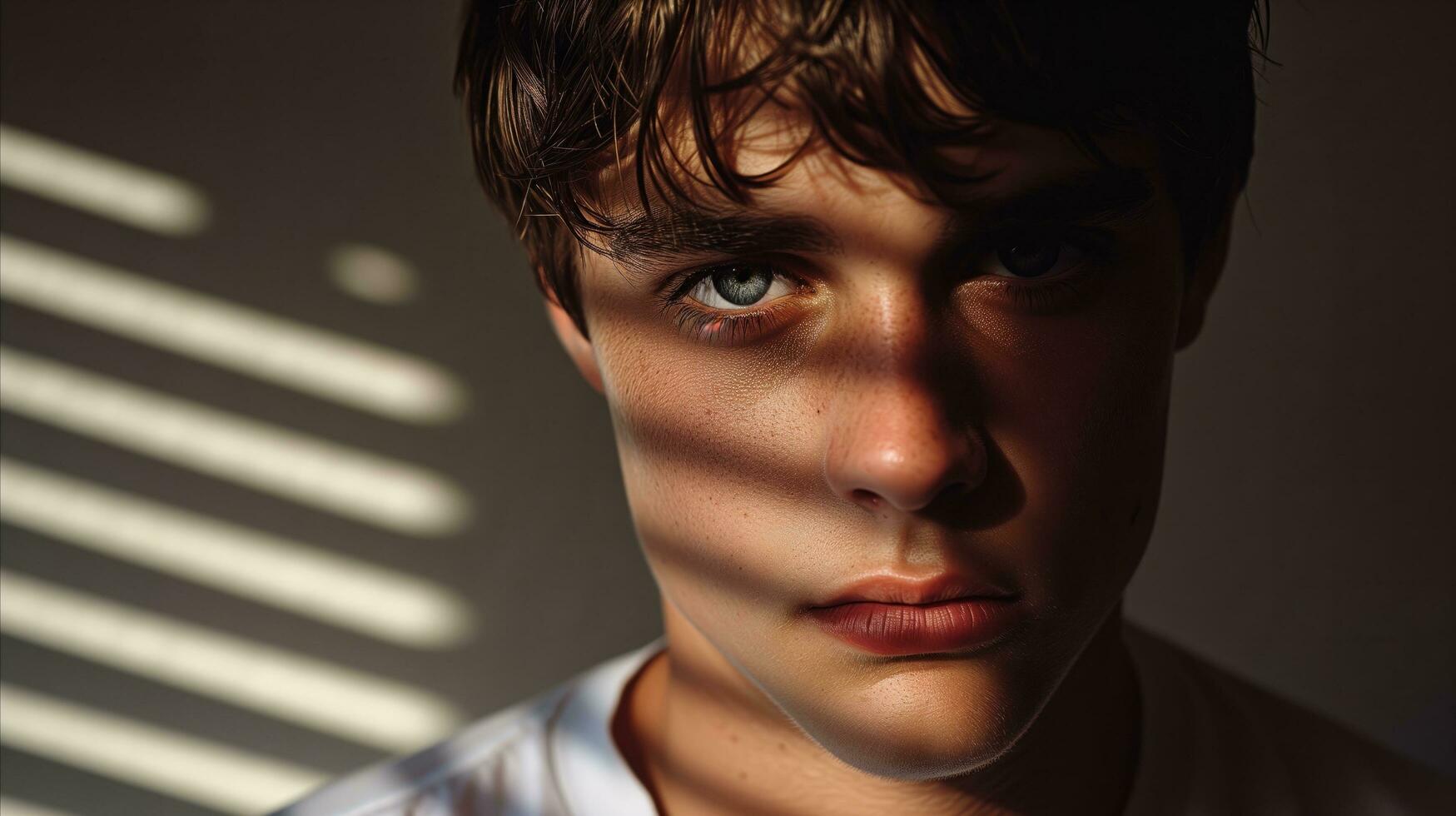 ai gerado intenso jovem homem com impressionante olhos dentro dramático sombra luz foto