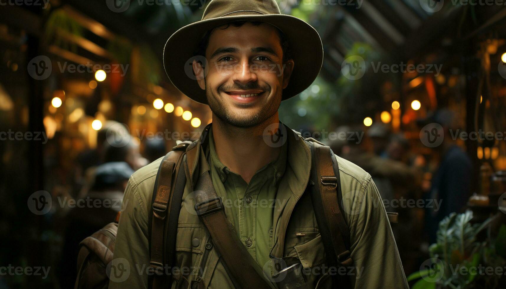 ai gerado sorridente jovem homem, confiante, olhando às Câmera, explorando cidade às noite gerado de ai foto