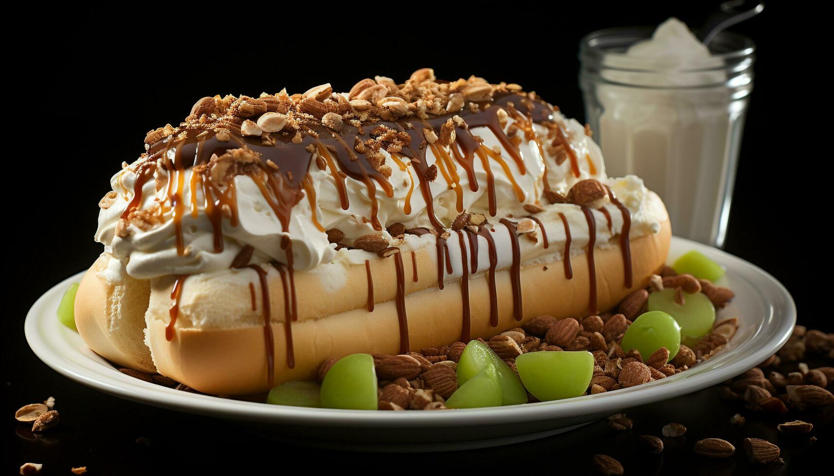 ai gerado recentemente cozido chocolate bolo com açoitado creme e fruta cobertura gerado de ai foto