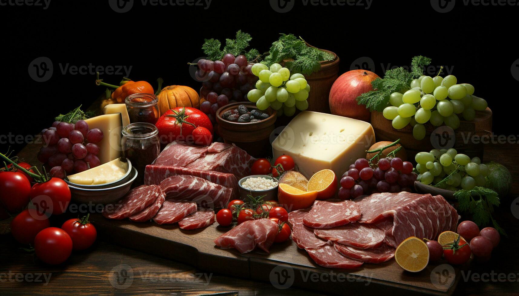 ai gerado frescor em uma rústico mesa carne, fruta, e pão gerado de ai foto