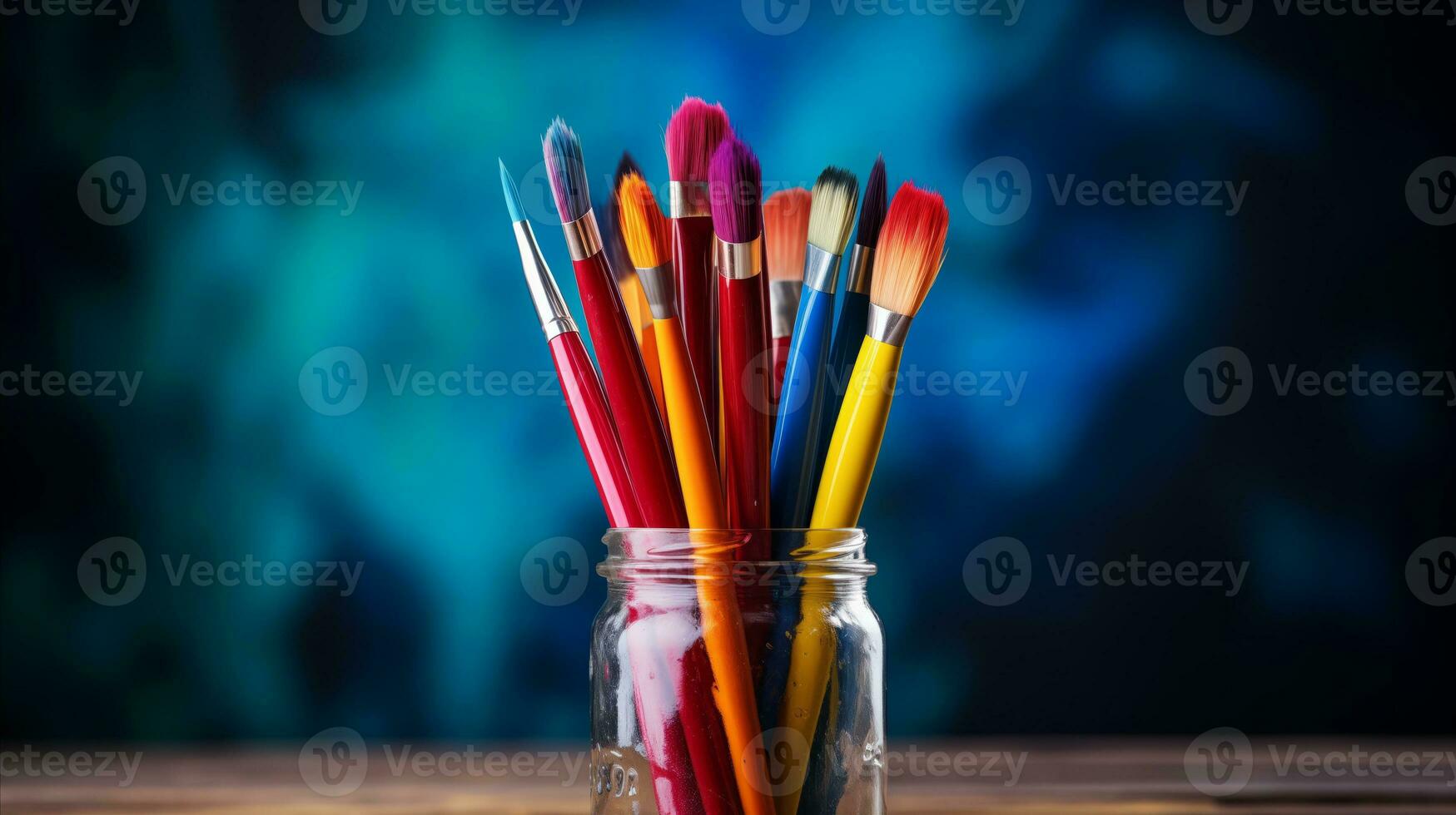 ai gerado colorida pintura escovas dentro uma vidro jarra em uma de madeira mesa, pronto para a do artista criativo obra de arte. generativo ai foto