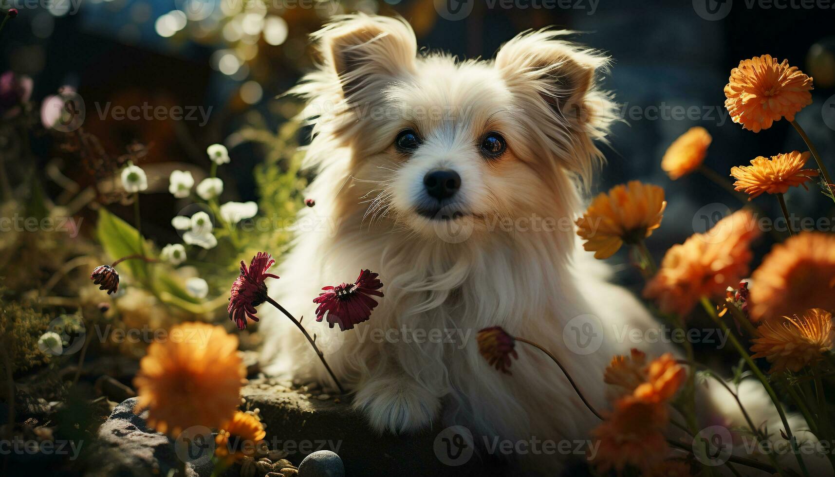 ai gerado fofa cachorro sentado dentro grama, olhando às Câmera, cercado de flores gerado de ai foto