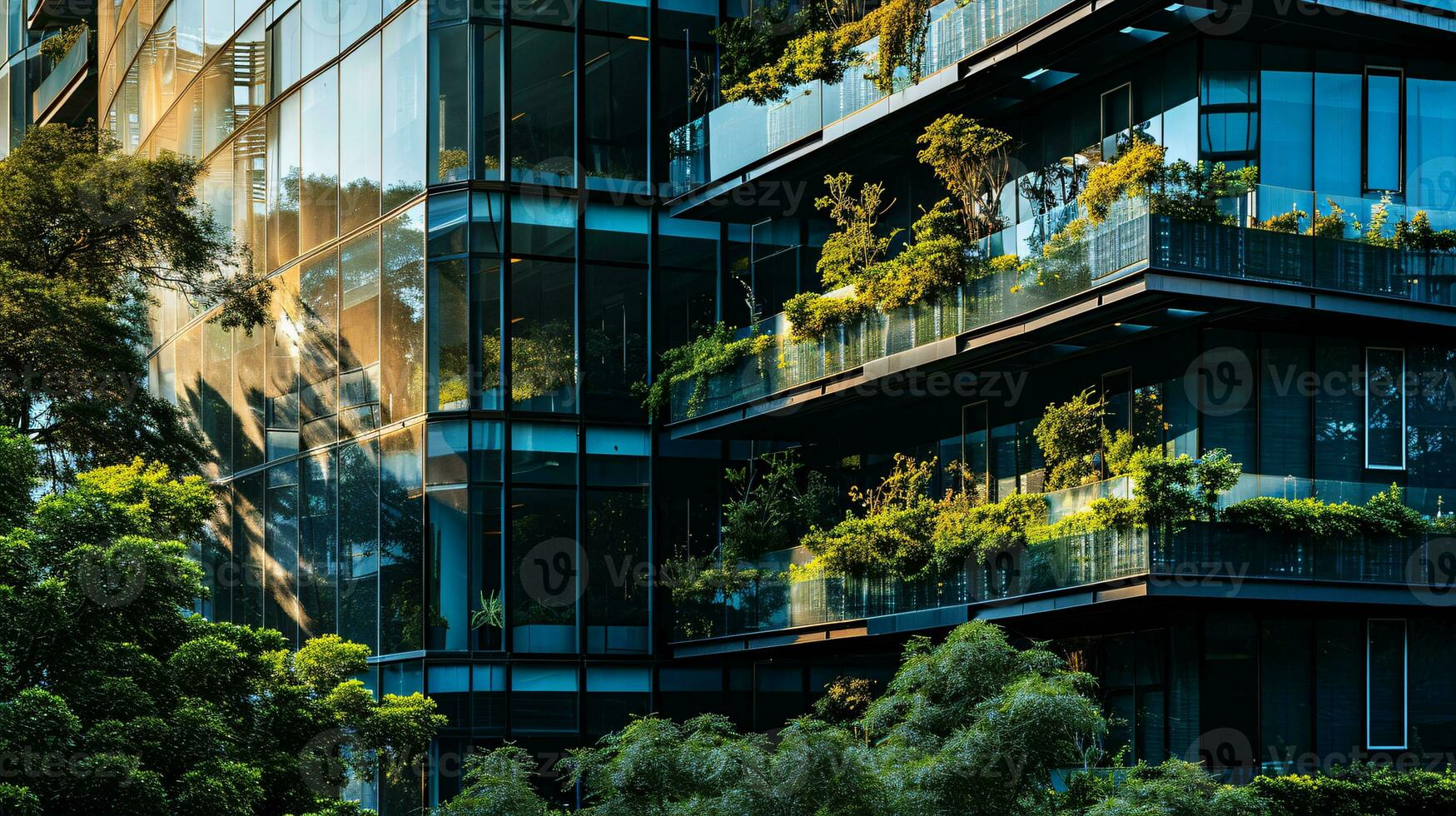 ai gerado sustentável verde prédio. ecológico prédio. sustentável vidro escritório construção com árvore para reduzindo carbono dióxido. escritório com verde ambiente. corporativo construção reduzir co2. foto