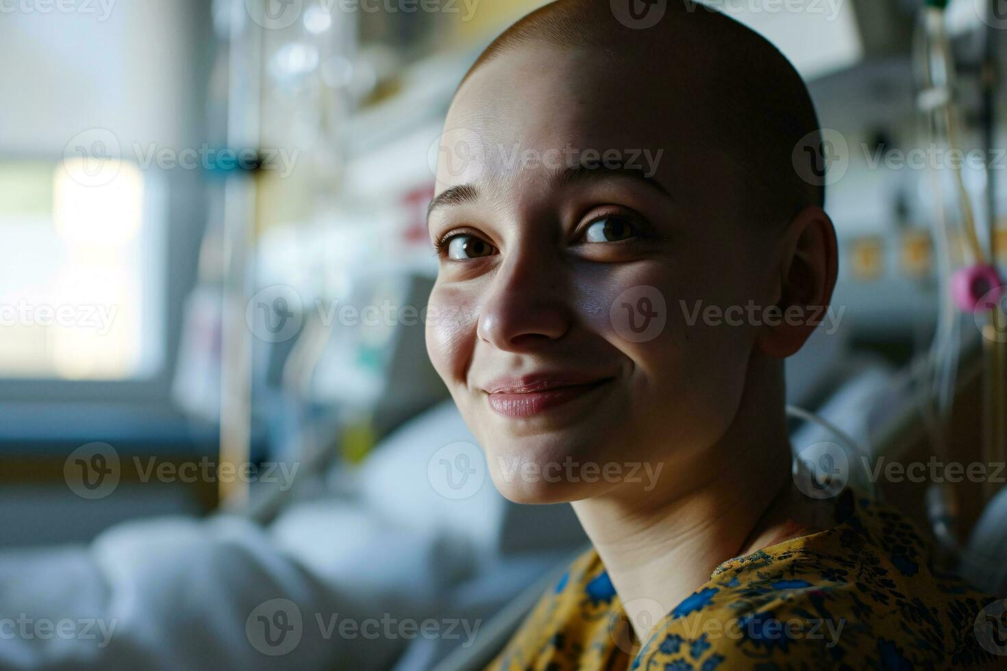 ai gerado retrato do feliz seio Câncer paciente. sorridente Careca mulher depois de quimioterapia tratamento dentro hospital sala. seio Câncer recuperação. seio Câncer sobrevivente. seio Câncer consciência mês. foto