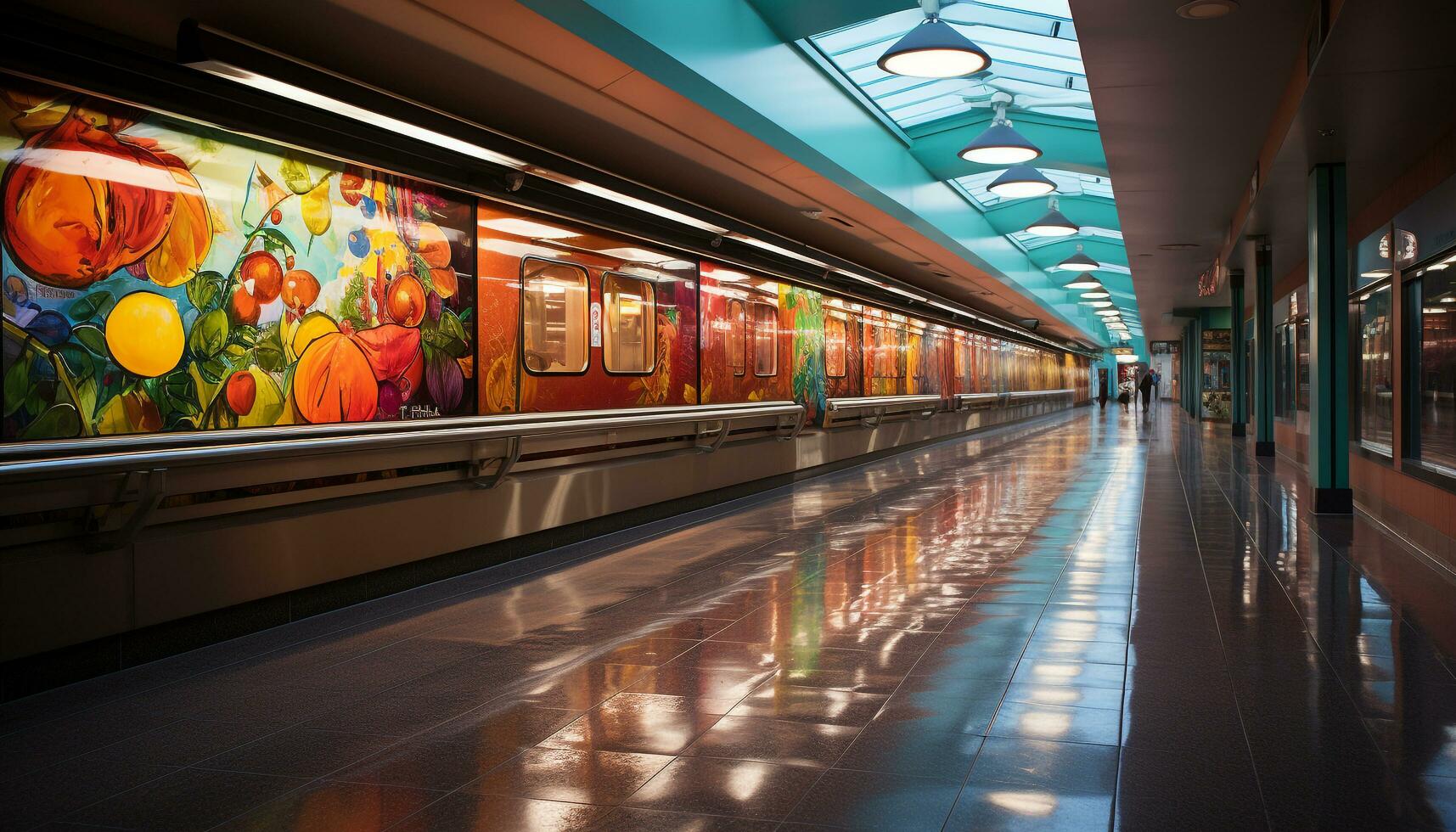 ai gerado metrô trem velocidades através subterrâneo, iluminador futurista arquitetura gerado de ai foto