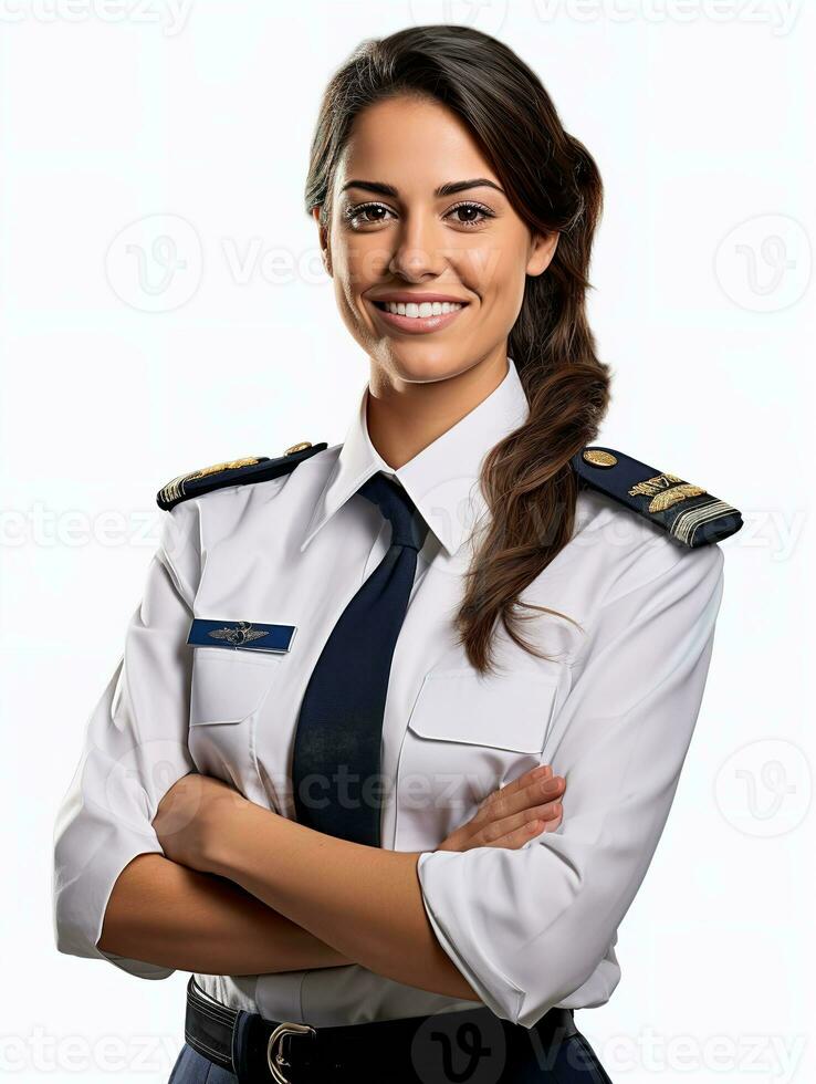 ai gerado confiante fêmea piloto às controles, ai gerado foto