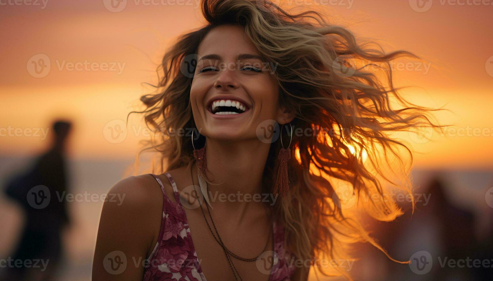 ai gerado jovem mulher com grandes cabelo sorridente dentro a pôr do sol gerado de ai foto