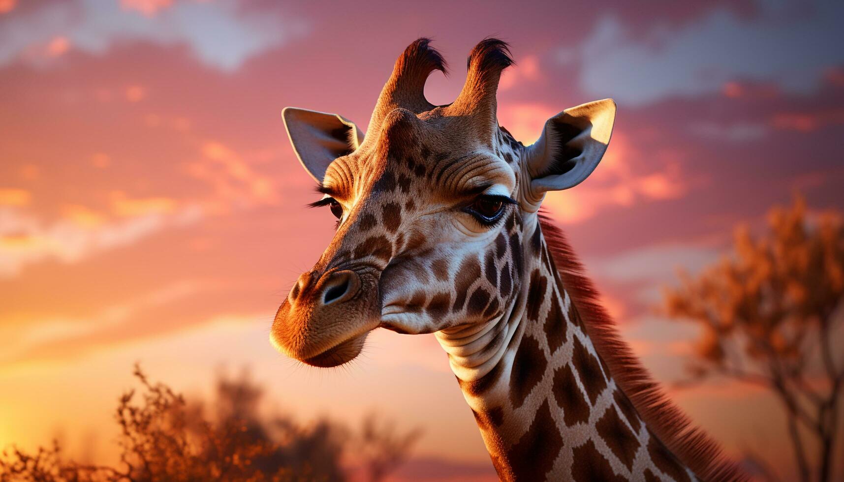 ai gerado girafa dentro pôr do sol, África beleza, animais selvagens de pé, natureza retrato gerado de ai foto