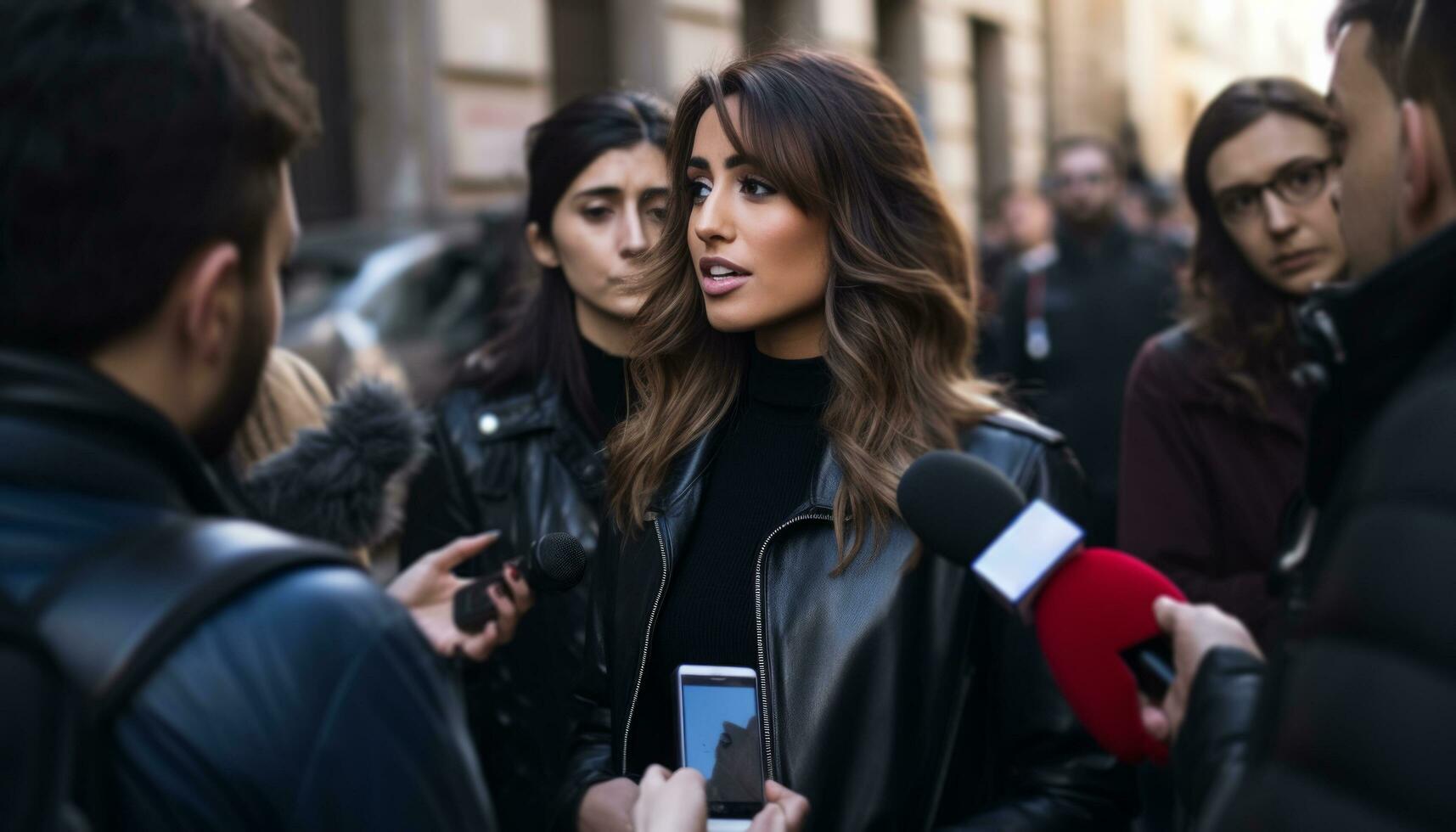 ai gerado uma menina fala para repórteres enquanto em pé dentro a rua foto