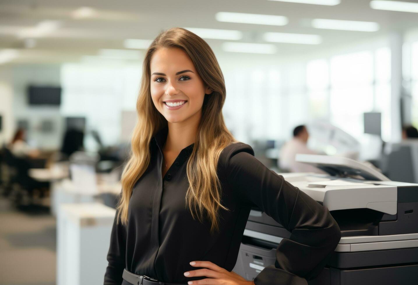 ai gerado lindo escritório empregado dentro frente do impressora foto