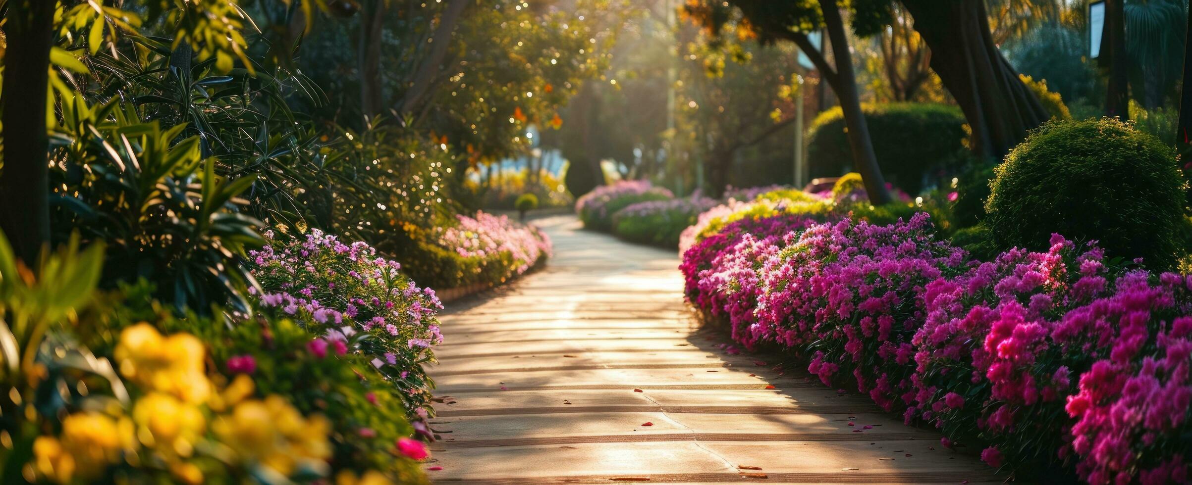 ai gerado uma caminho conduz através uma flor jardim foto