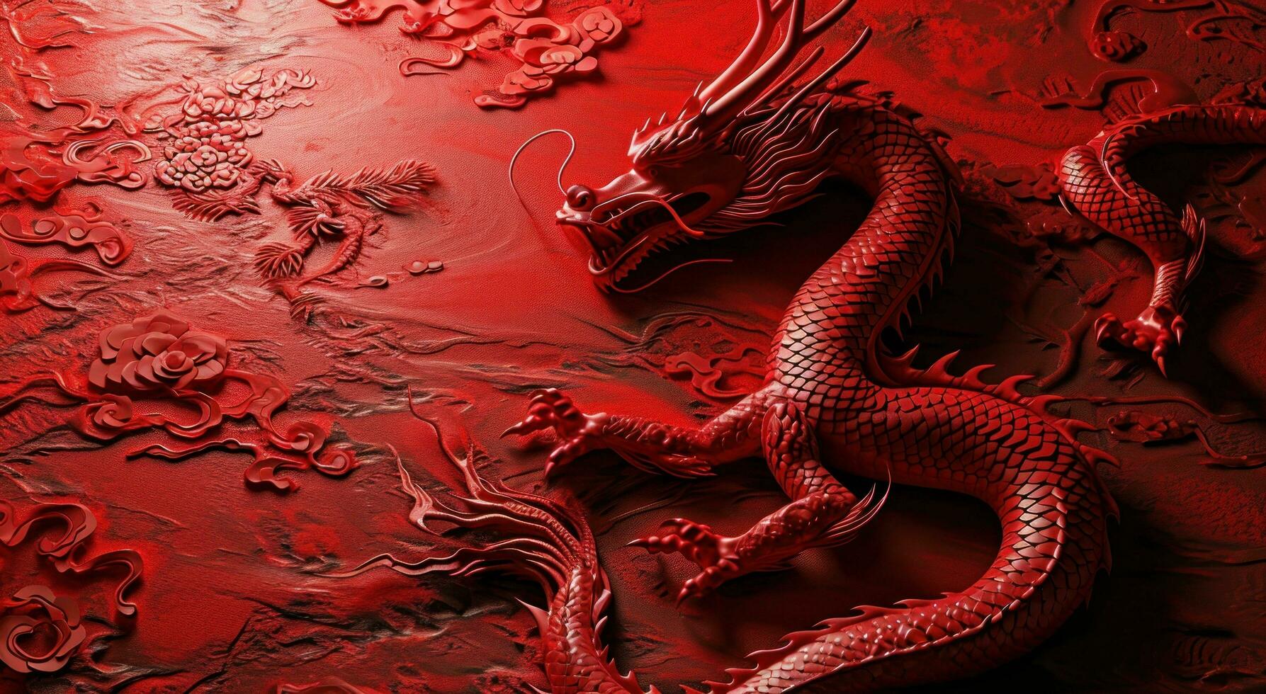 ai gerado uma vermelho Dragão arte impressão é em a fundo do uma vermelho estampado vermelho fundo foto