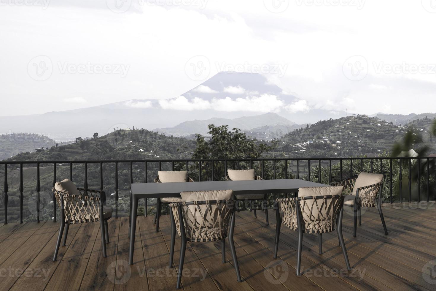 varanda com design interior moderno escandinavo com mesa de jantar. terraço ao ar livre em casa 3d rendem a ilustração com vista para a natureza. foto