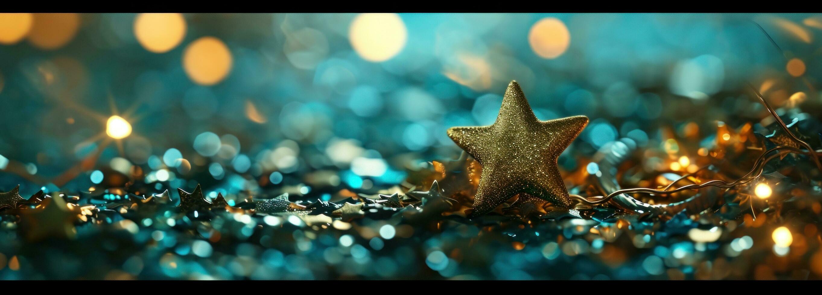 ai gerado bokeh fundo com ouro Estrela e brilhante argolas foto