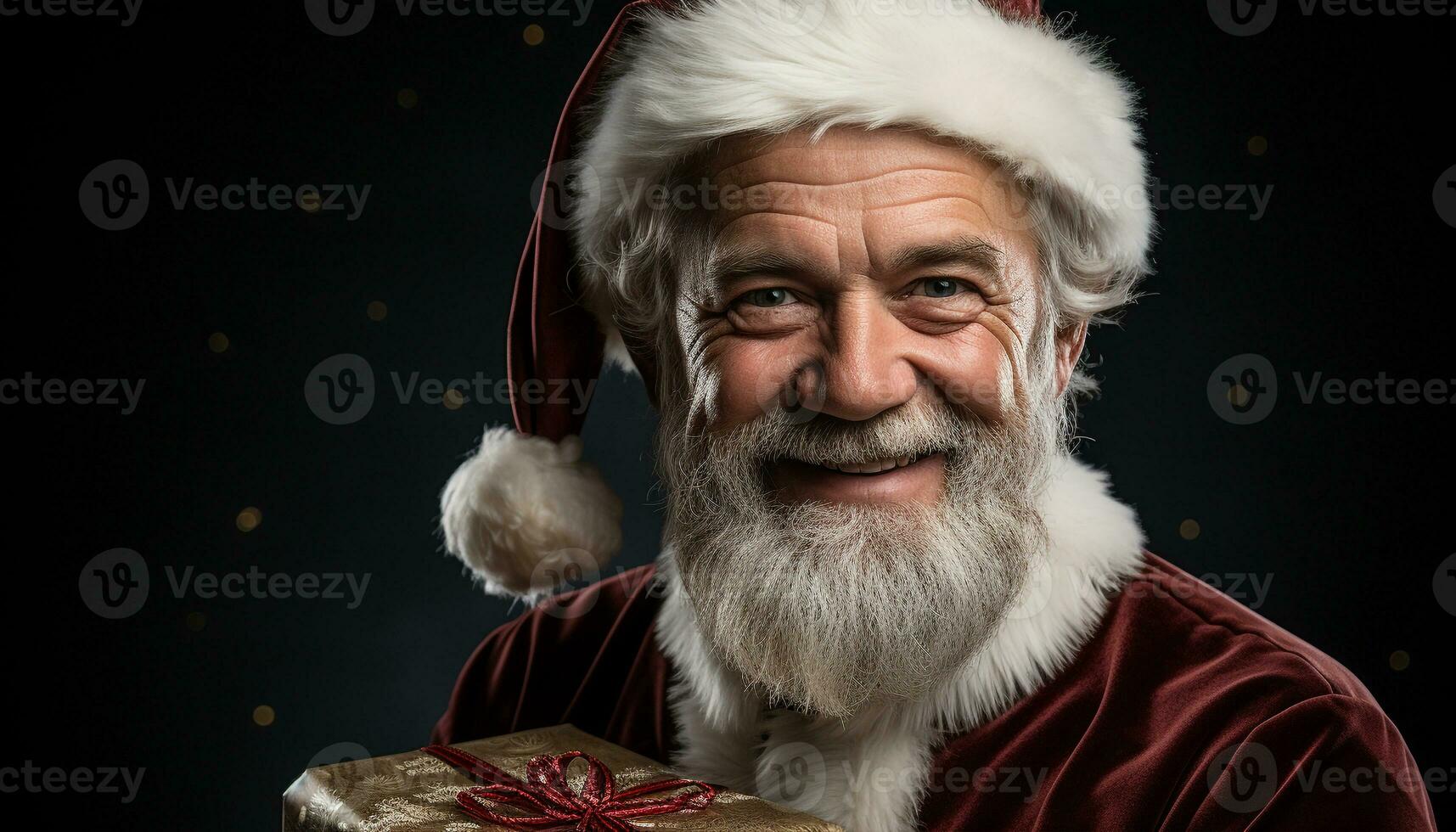 ai gerado sorridente Senior homem segurando presente, a comemorar Natal com alegria gerado de ai foto