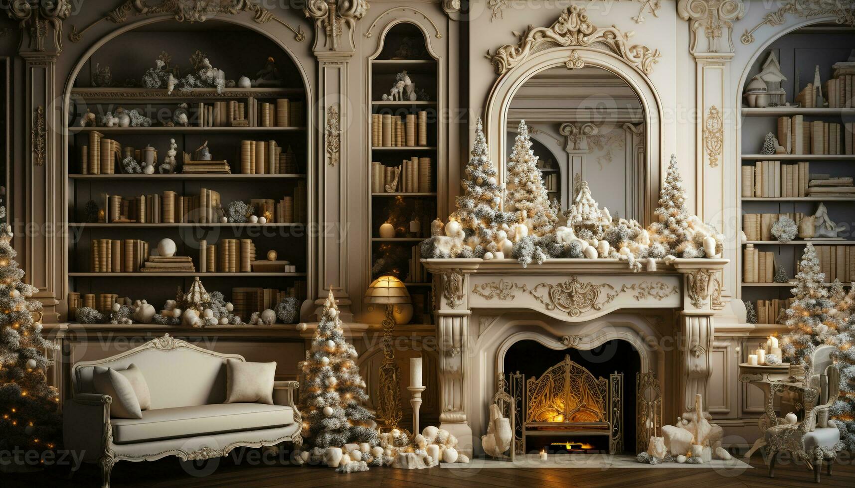 ai gerado acolhedor vivo quarto com iluminado Natal árvore e luz de velas gerado de ai foto