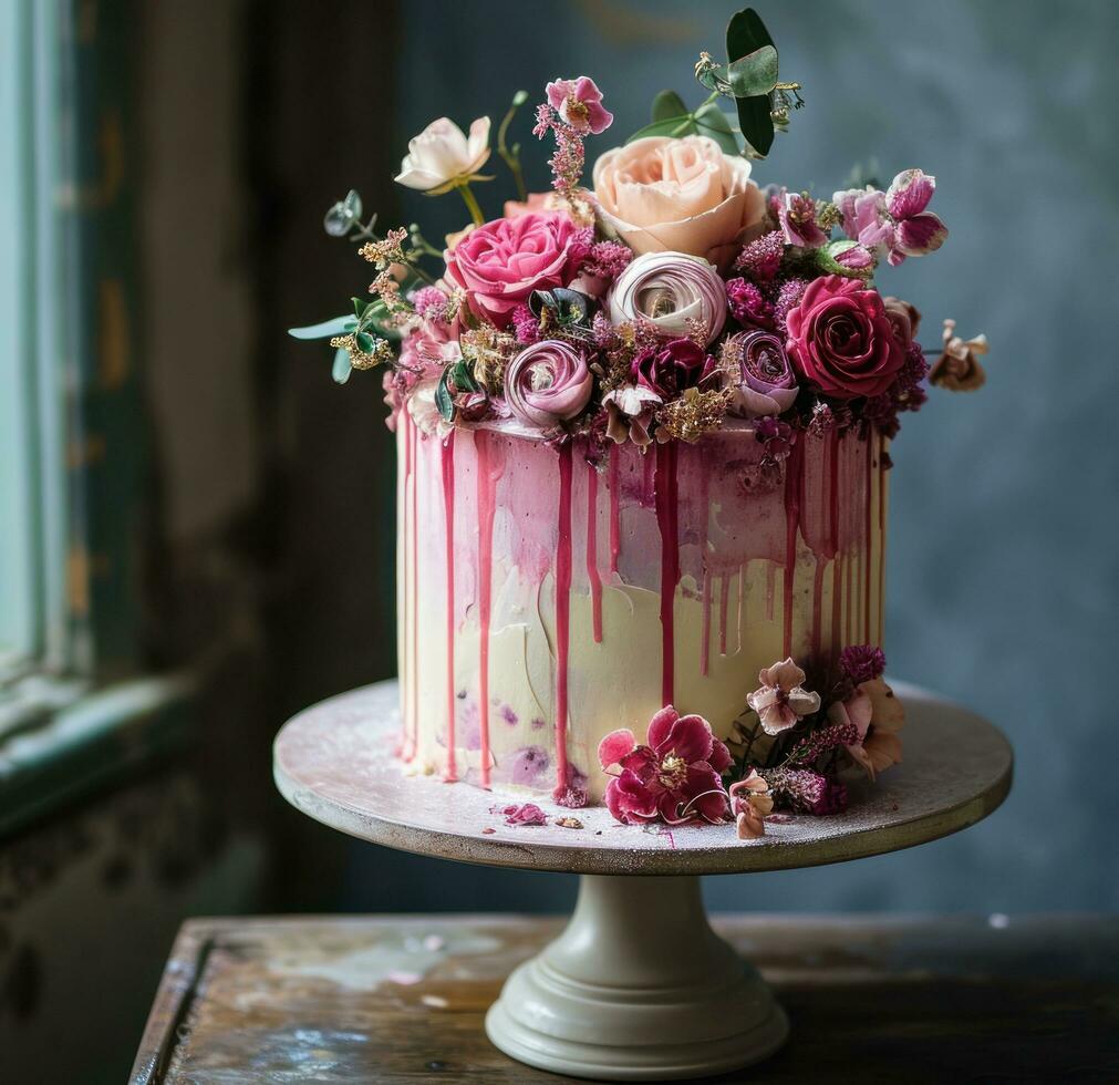 ai gerado floral Casamento bolos foto
