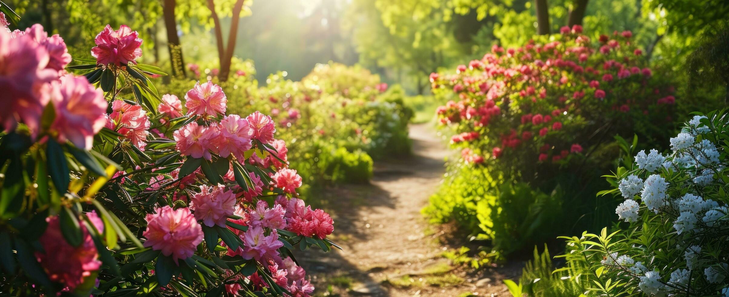 ai gerado flores dentro uma jardim com uma caminho conduzindo para flores foto