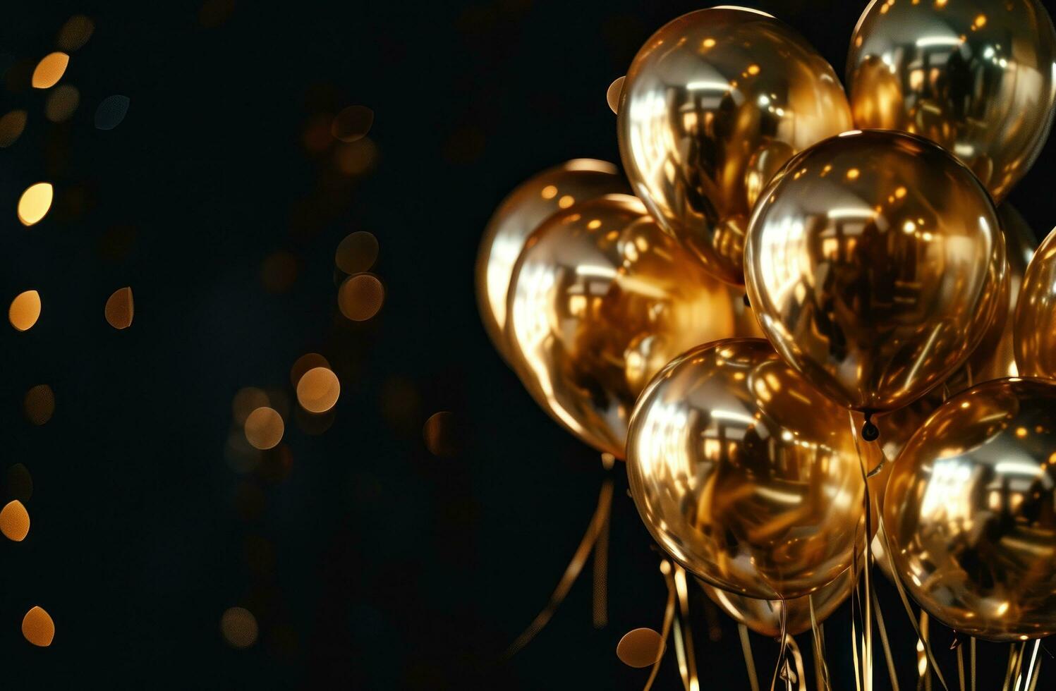 ai gerado ouro balões em Preto fundo foto
