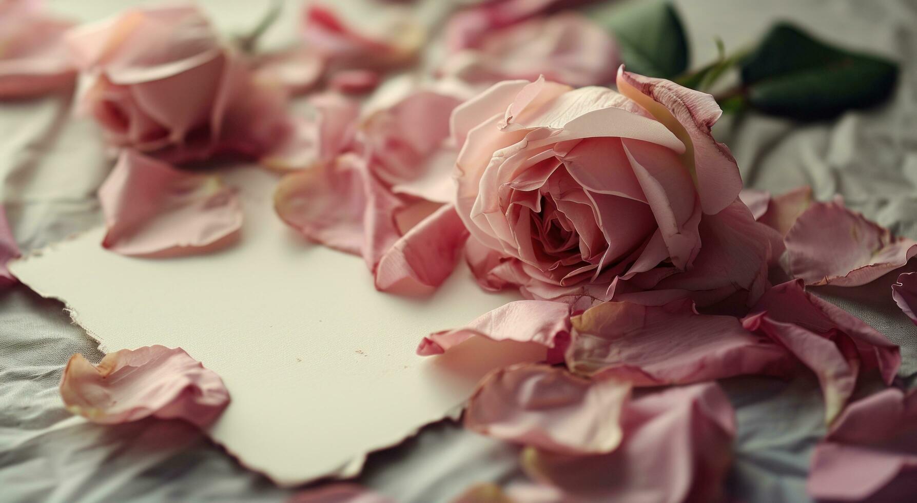 ai gerado Rosa rosa pétalas com uma em branco peça do papel, cumprimento cartão e uma Rosa cartão com Rosa rosas foto