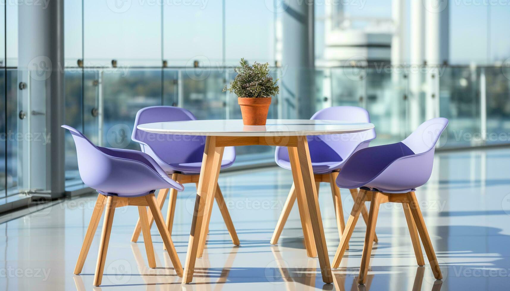 ai gerado moderno escritório com azul cadeiras e vidro mesa de janela gerado de ai foto
