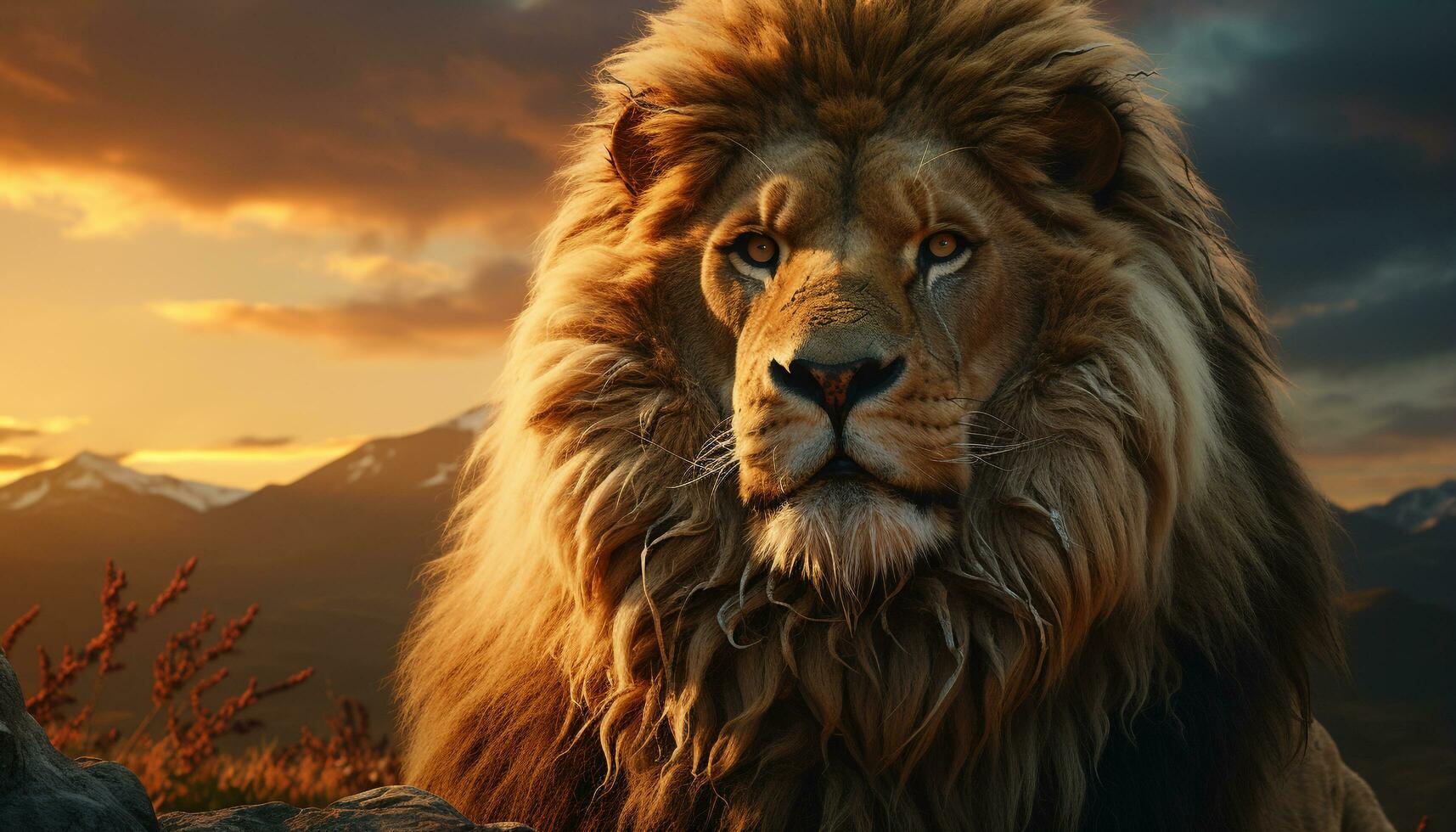 ai gerado majestoso leão dentro África região selvagem, olhando às Câmera às pôr do sol gerado de ai foto