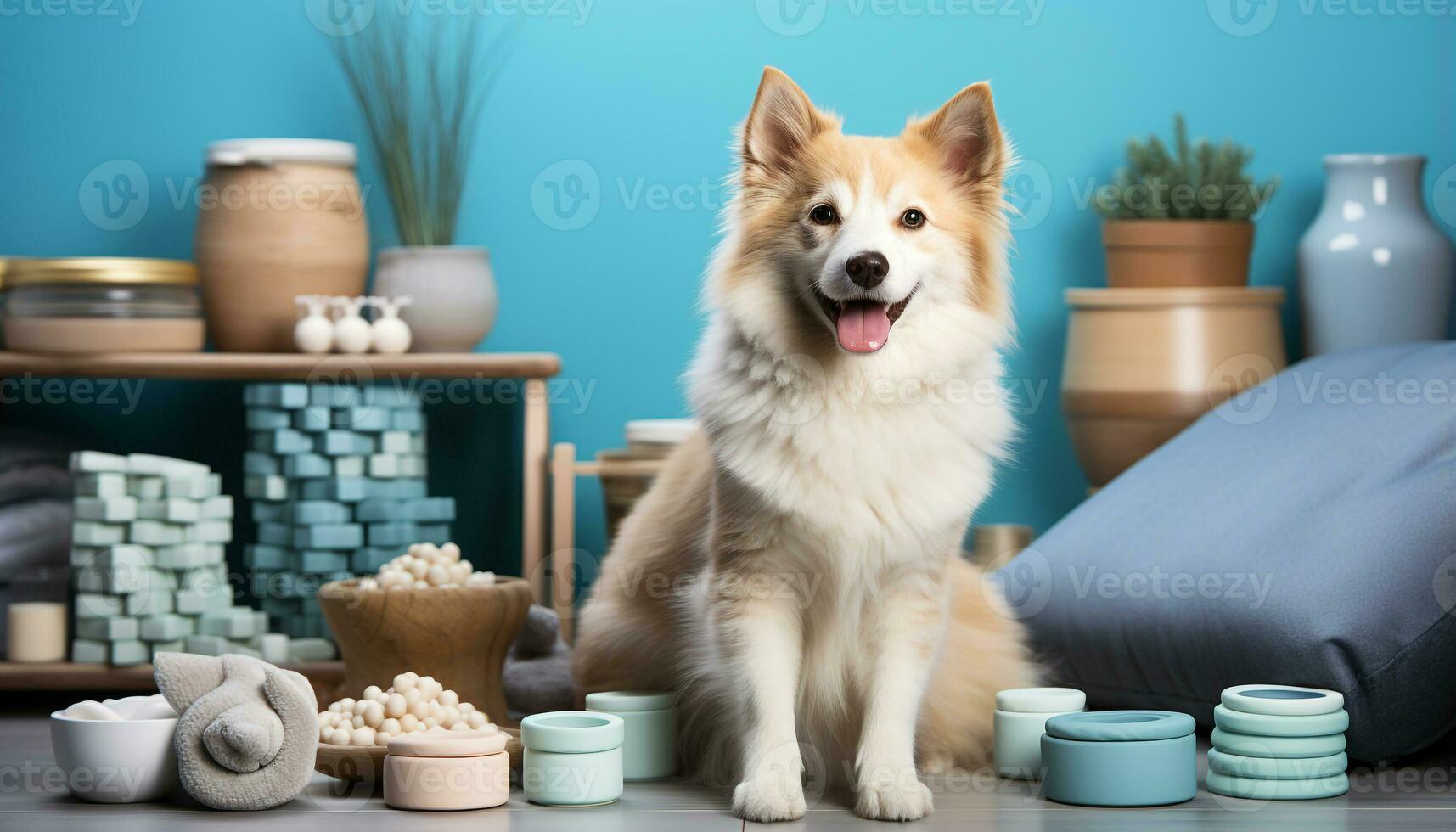 ai gerado fofa cachorro sentado, olhando às Câmera, jogando com brinquedo gerado de ai foto