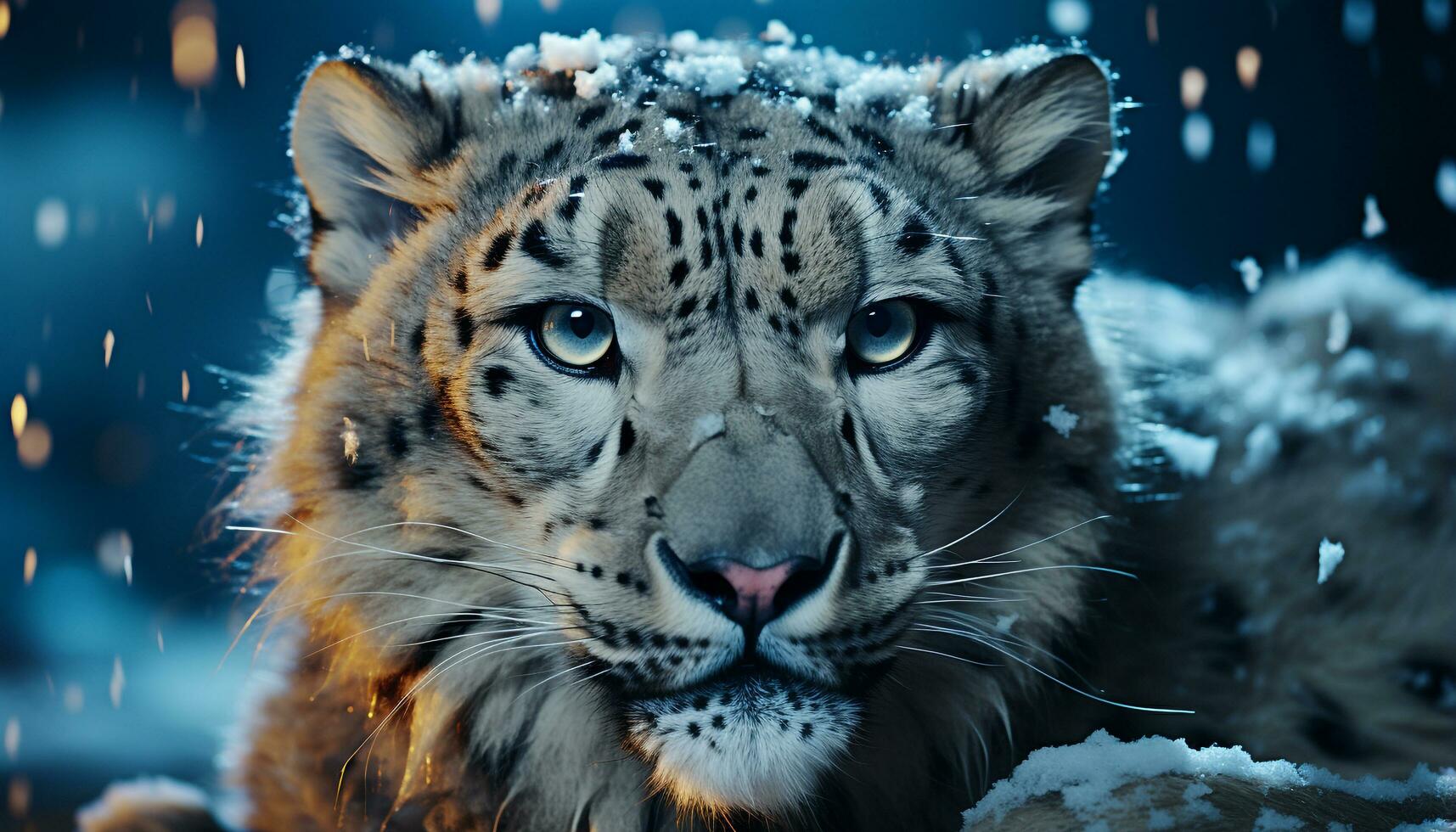 ai gerado majestoso neve leopardo, uma beleza dentro natureza, encarando às Câmera gerado de ai foto