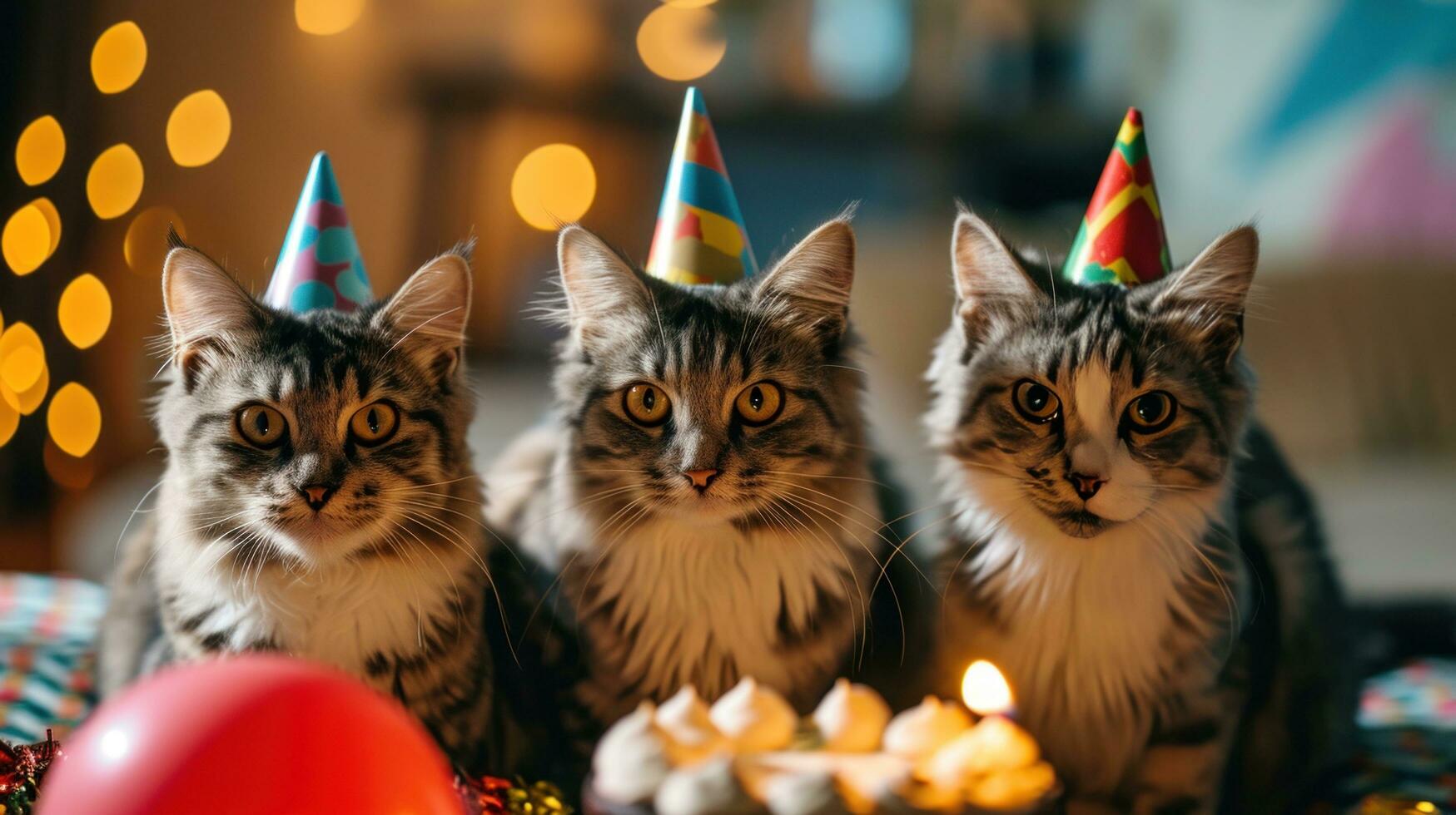 ai gerado fofa feliz gatos com uma aniversário bolo a comemorar às uma aniversário festa foto