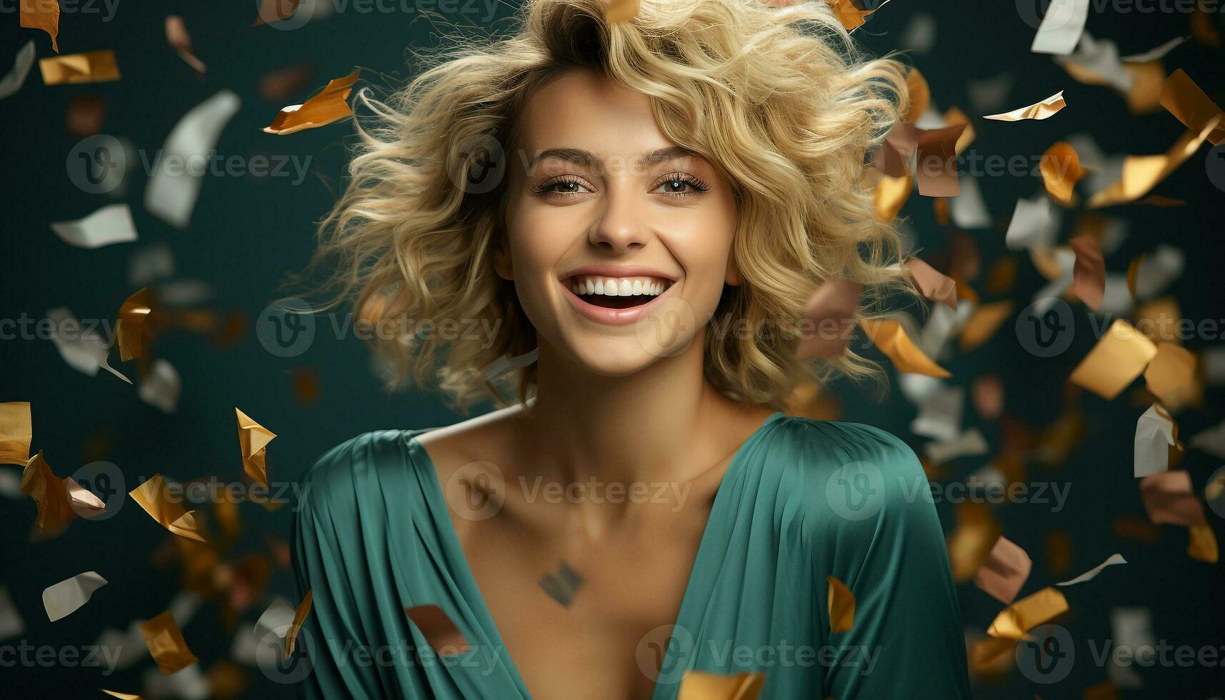 ai gerado lindo mulher com encaracolado cabelo sorridente, olhando às Câmera gerado de ai foto