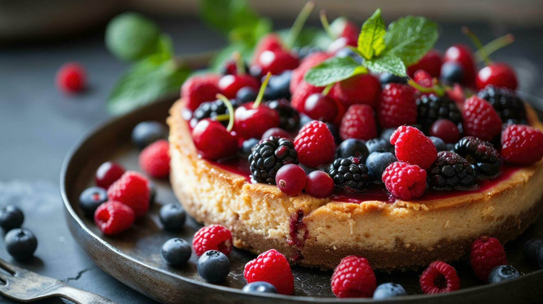 ai gerado caseiro bolo de queijo com fresco bagas e hortelã para sobremesa foto