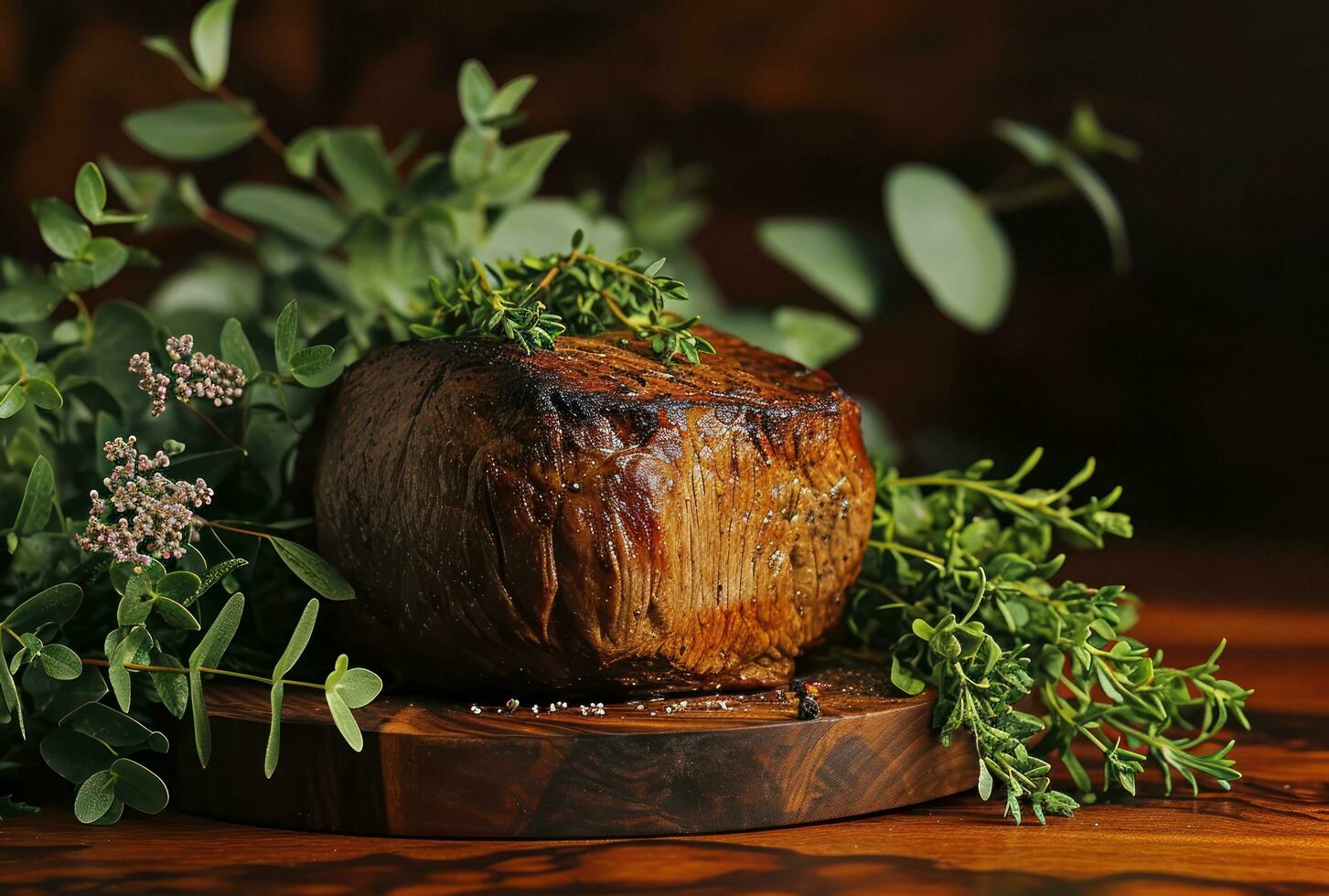 ai gerado bife em uma de madeira borda com ervas e especiarias foto