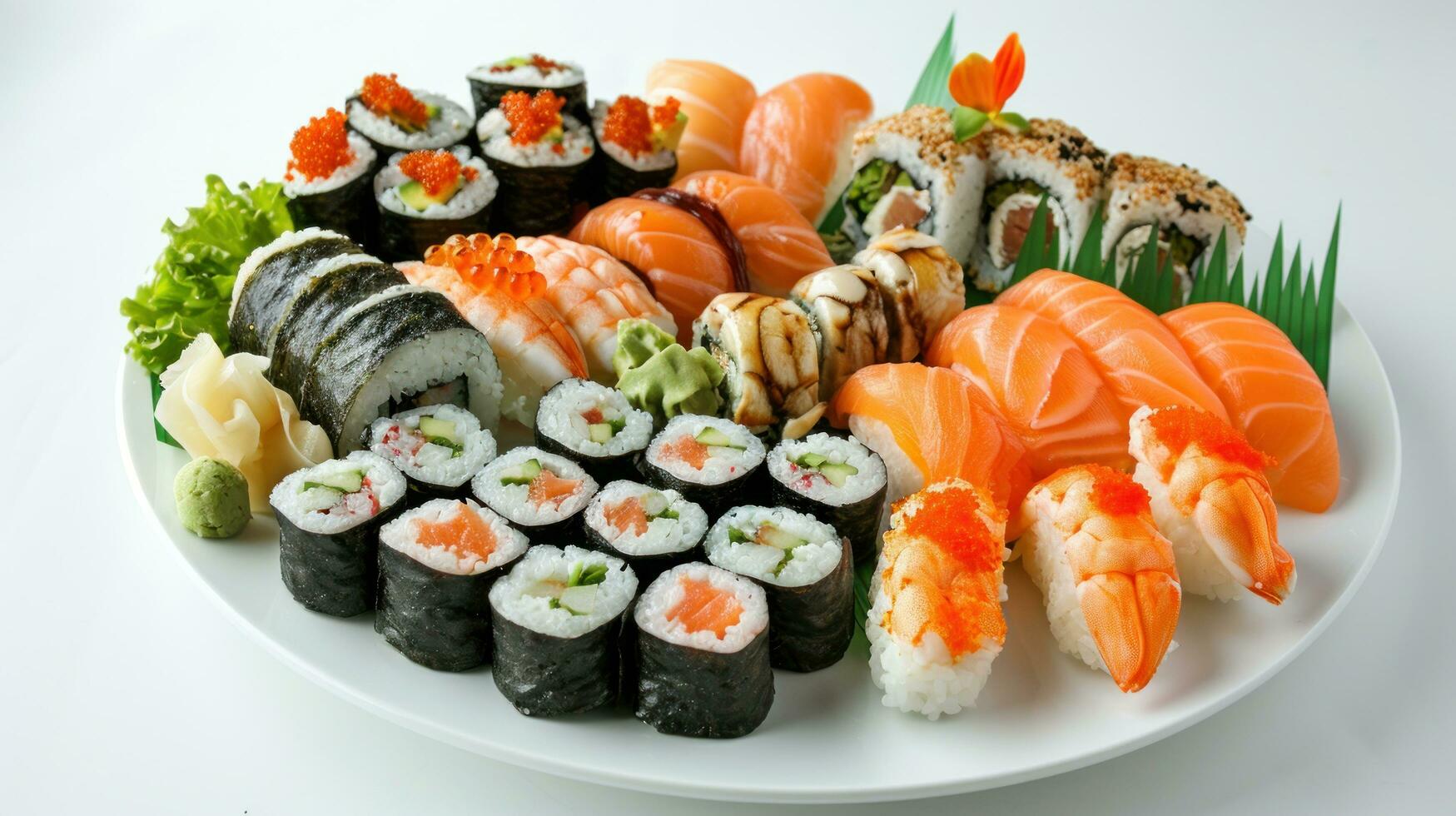 ai gerado sortido Sushi rolos e sashimi em uma prato foto