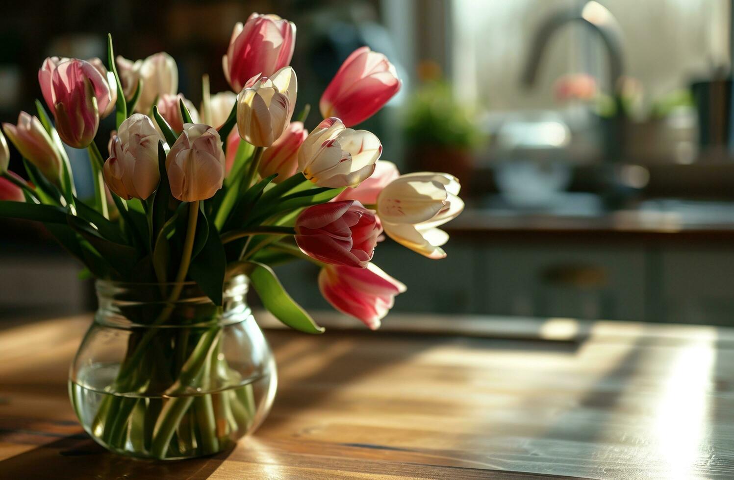 ai gerado tulipas Como peça central em cozinha mesa foto