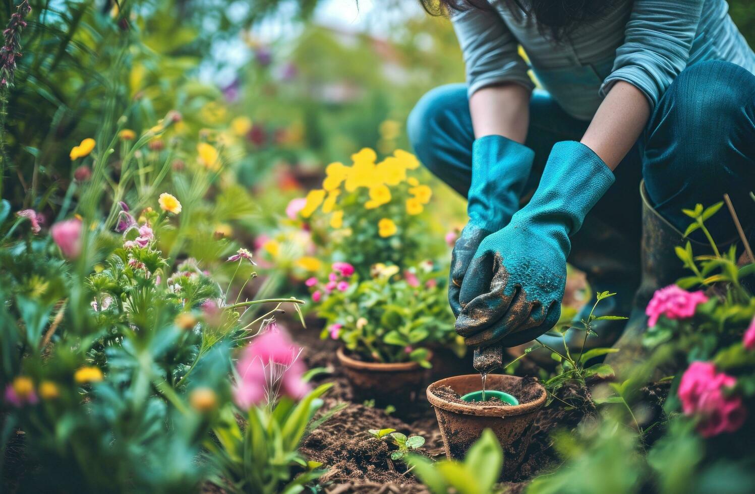 ai gerado mulher com jardinagem luvas sentado dentro jardim e rega foto