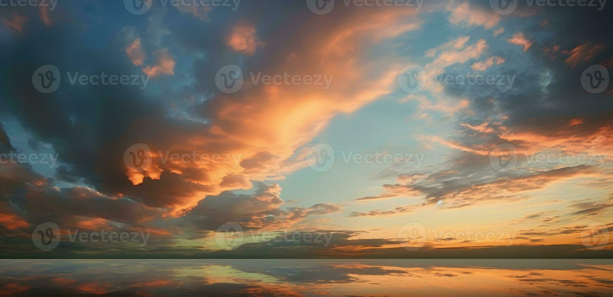 ai gerado a lindo pôr do sol Visão com a azul céu e nuvens dentro verão foto