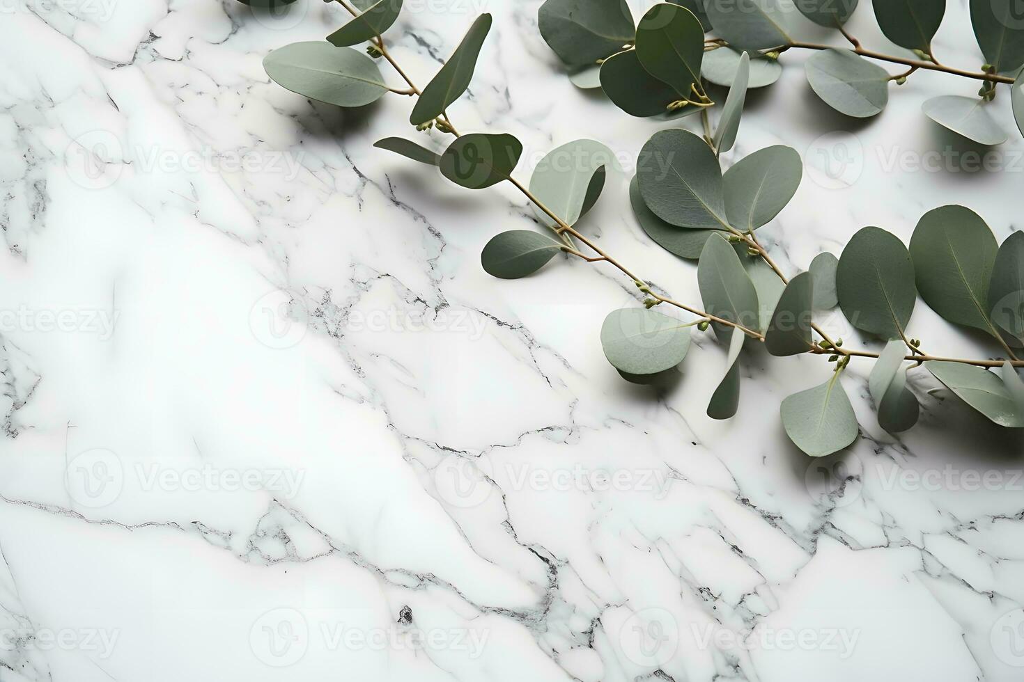 ai gerado galhos do eucalipto folhas em uma mármore fundo foto