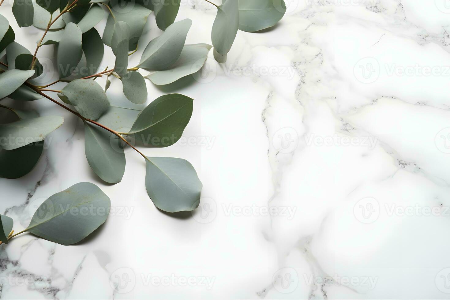 ai gerado galhos do eucalipto folhas em uma mármore fundo foto